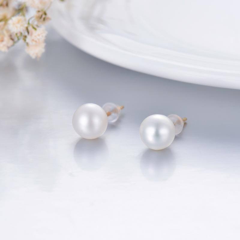 10K White Gold Pearl Bead Stud Earrings-3