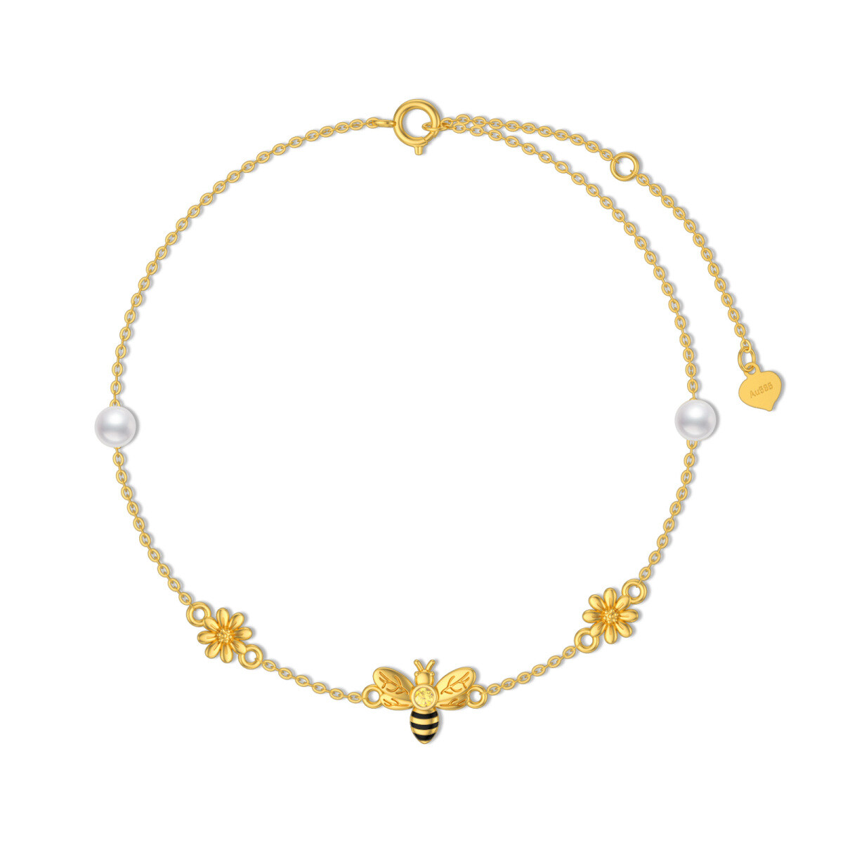 Pulsera de oro de 14 quilates con colgante de perlas, abeja y margarita-1