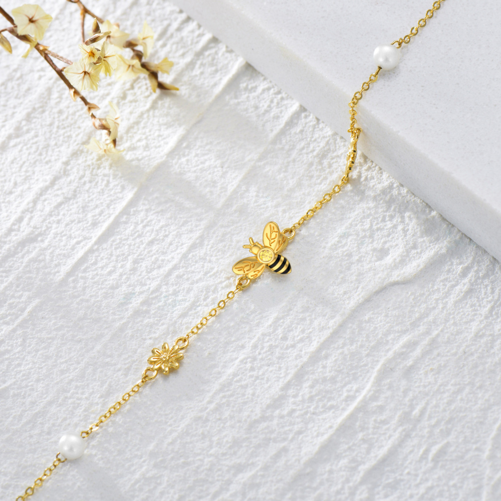 Sterling Silver with Yellow Gold Plated Pearl Bee & Daisy Charm Bracelet-4