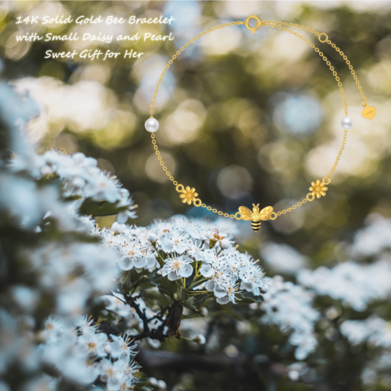 Pulseira com pendente de abelha e margarida em prata de lei com pérolas banhadas a ouro amarelo-5