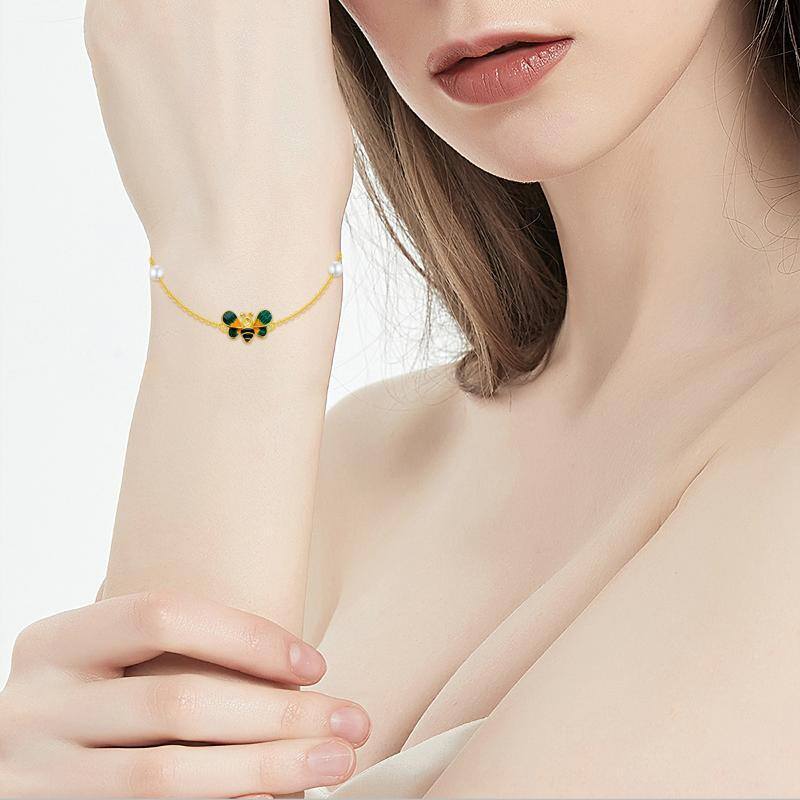 10K Gold Pearl Bees Charm Bracelet-2