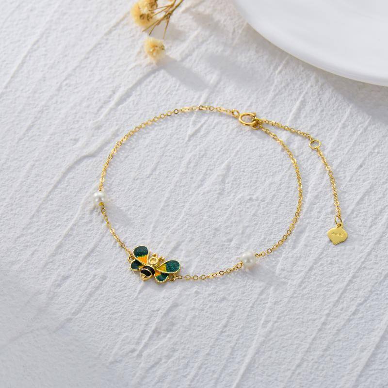 14K Gold Pearl Bees Charm Bracelet-3
