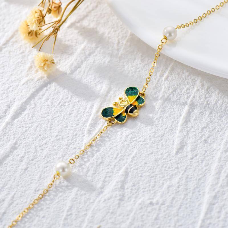 14K Gold Pearl Bees Charm Bracelet-5