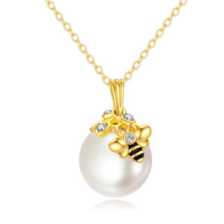 10K Gold Pearl Bees Pendant Necklace-22