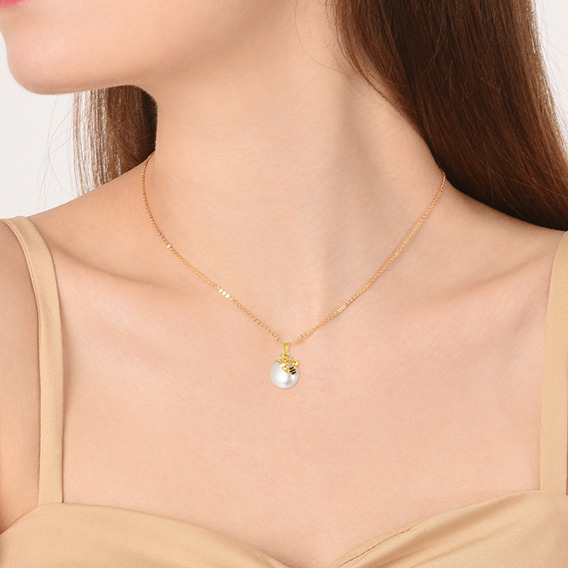 10K Gold Pearl Bees Pendant Necklace-2