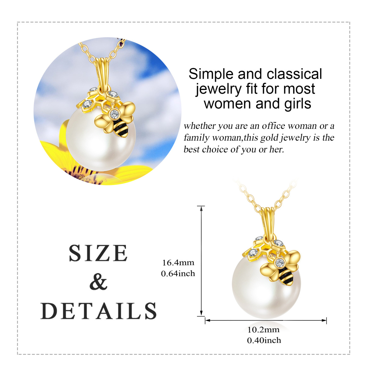 14K Gold Pearl Bees Pendant Necklace-3