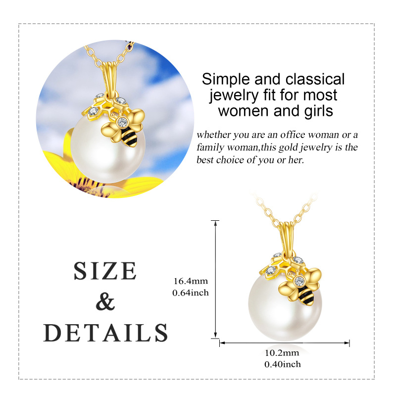 10K Gold Pearl Bees Pendant Necklace-3
