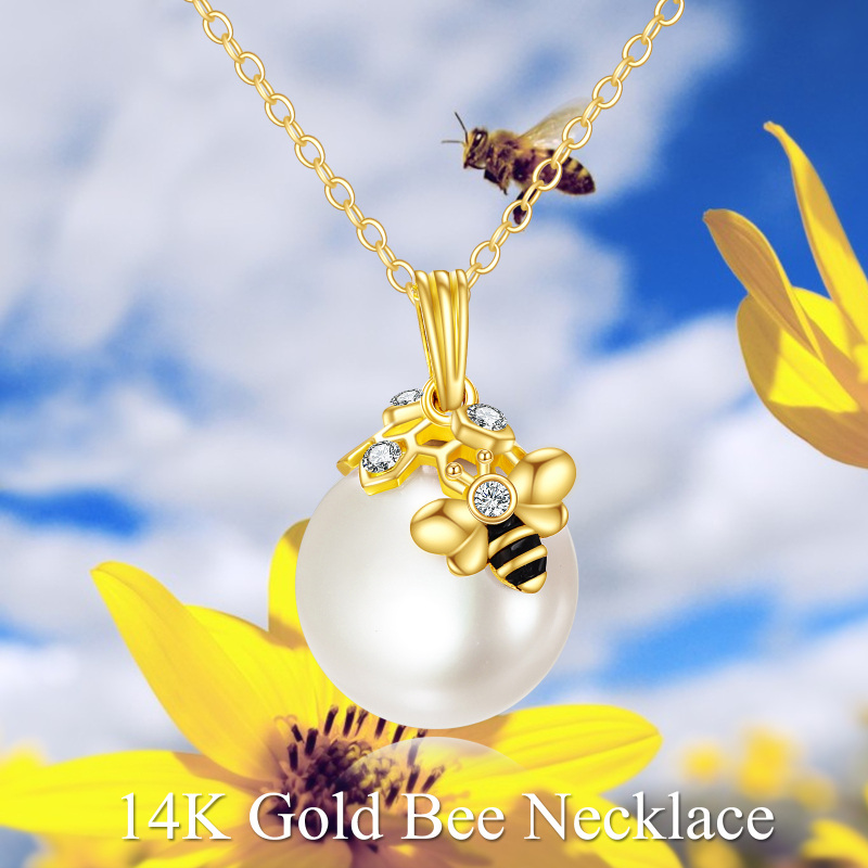 10K Gold Pearl Bees Pendant Necklace-4