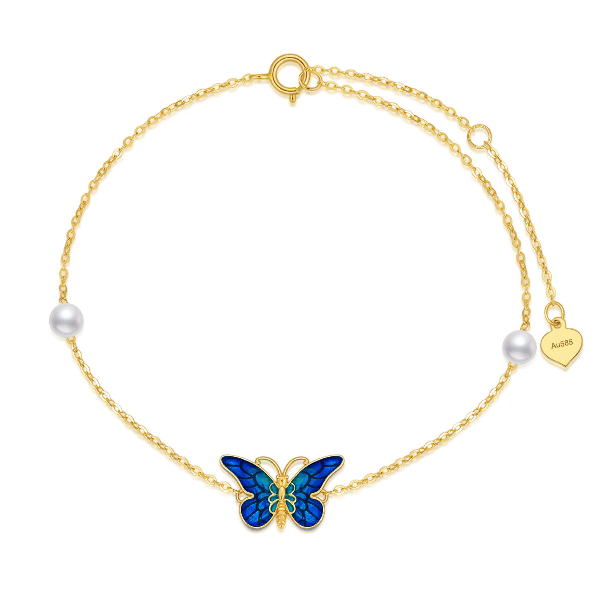 Bracciale con ciondolo a farfalla blu con perle in oro 14K-1