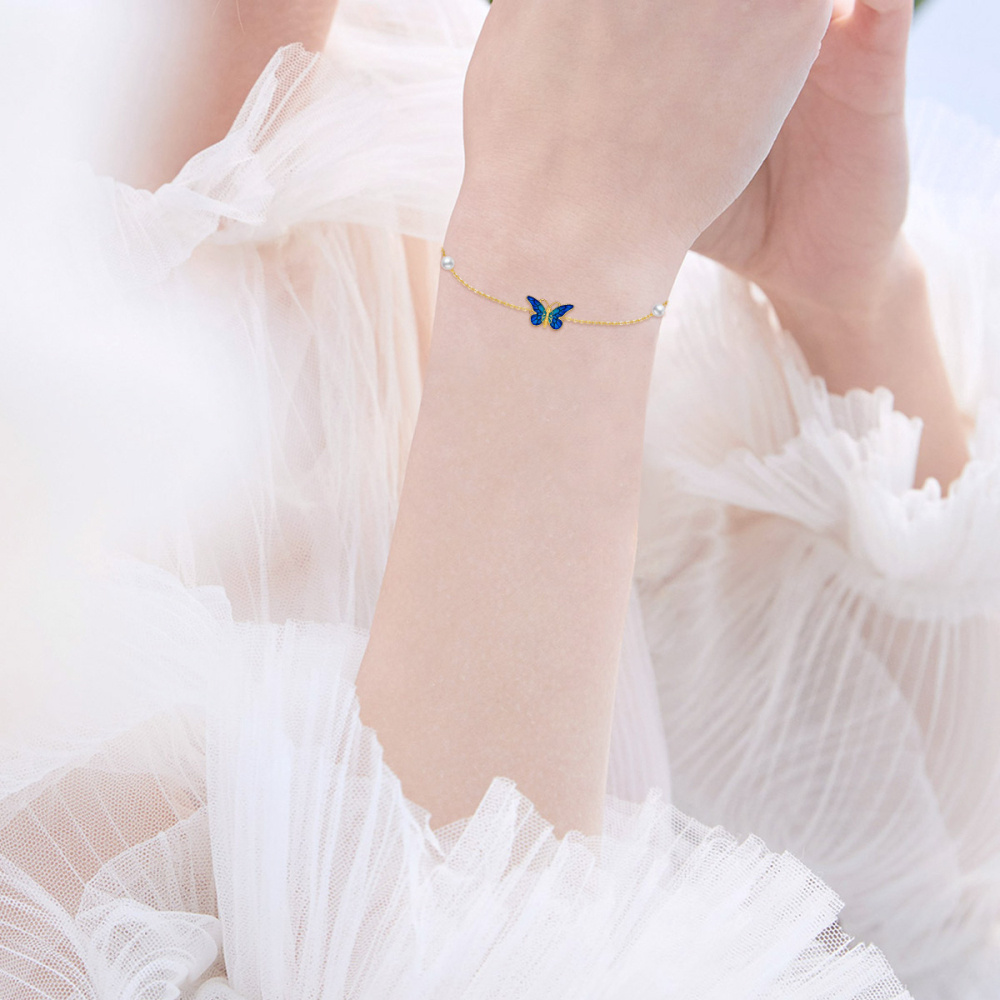 10K Gold Pearl Blue Butterfly Charm Bracelet-2