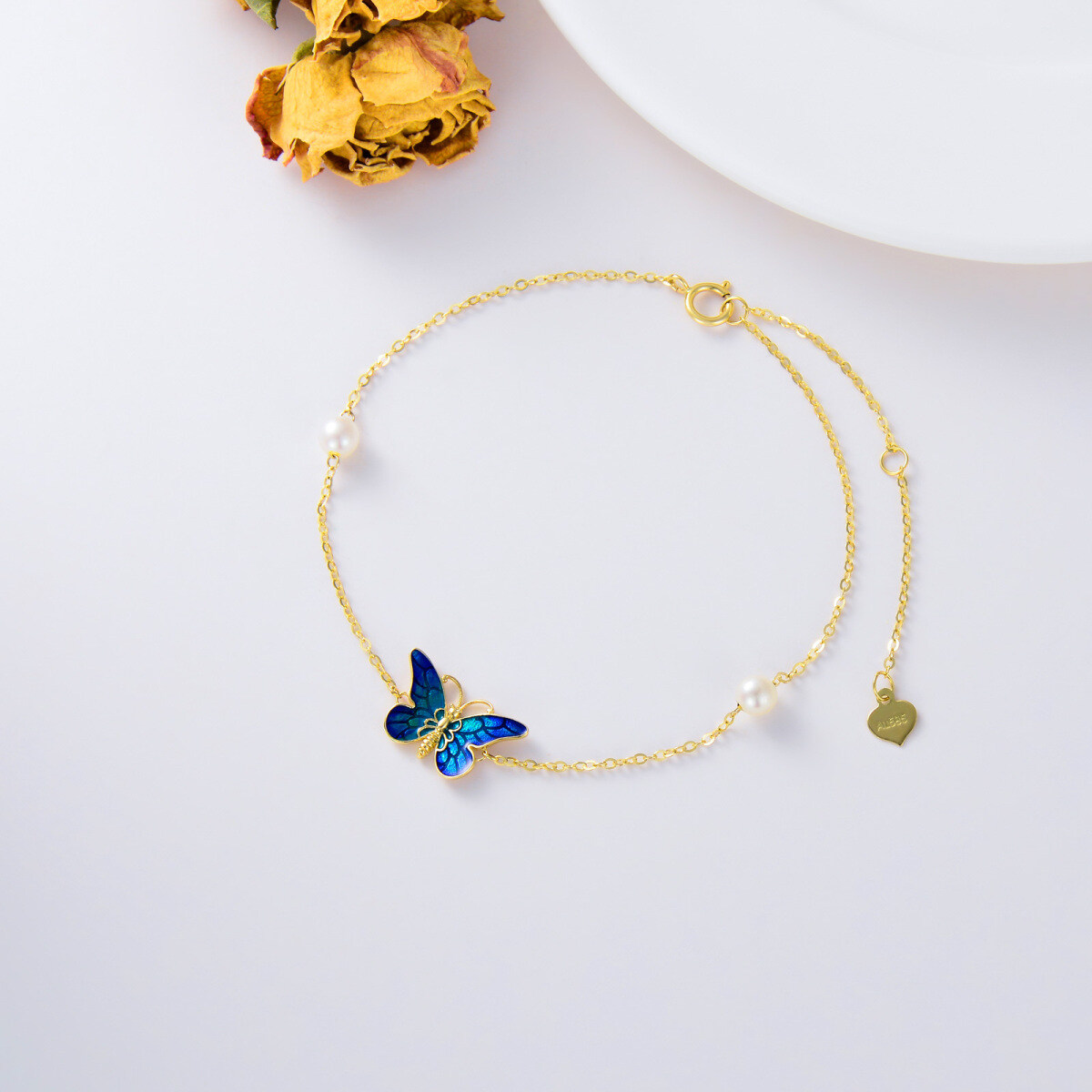 Bracciale con ciondolo a farfalla blu con perle in oro 14K-3