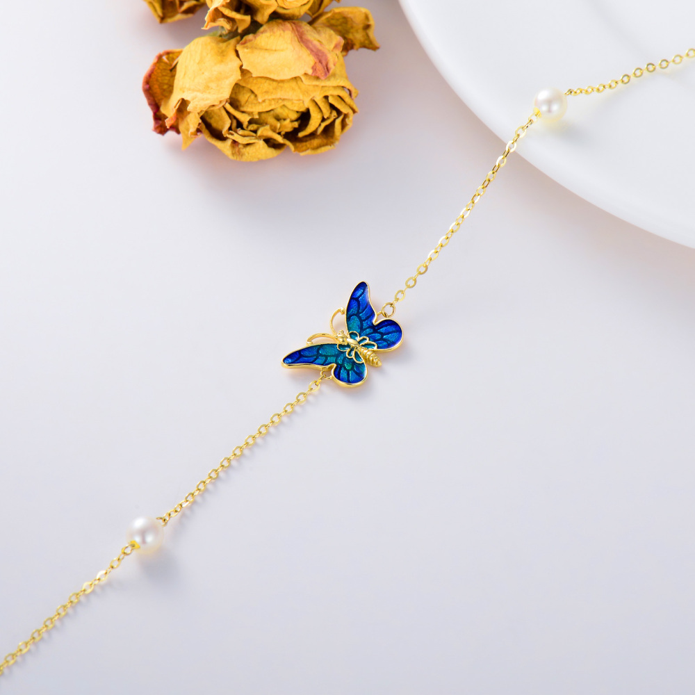 10K Gold Pearl Blue Butterfly Charm Bracelet-4