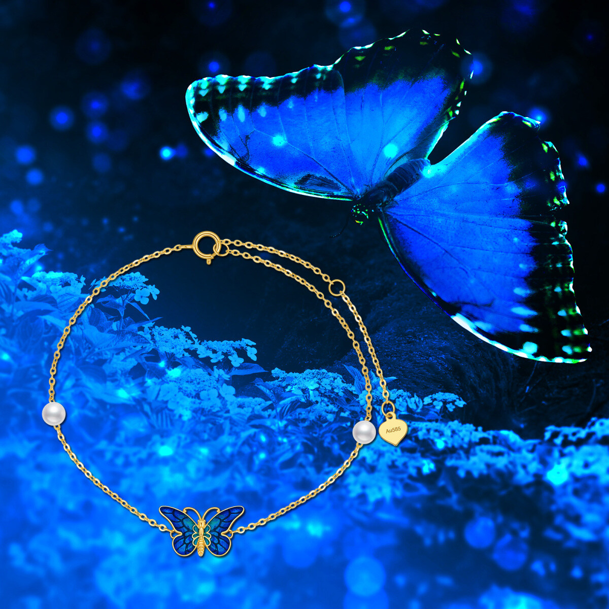 Bracciale con ciondolo a farfalla blu con perle in oro 14K-5