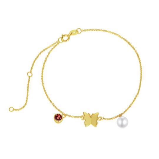 Pulseira com pingente de borboleta e pérola em ouro 14K