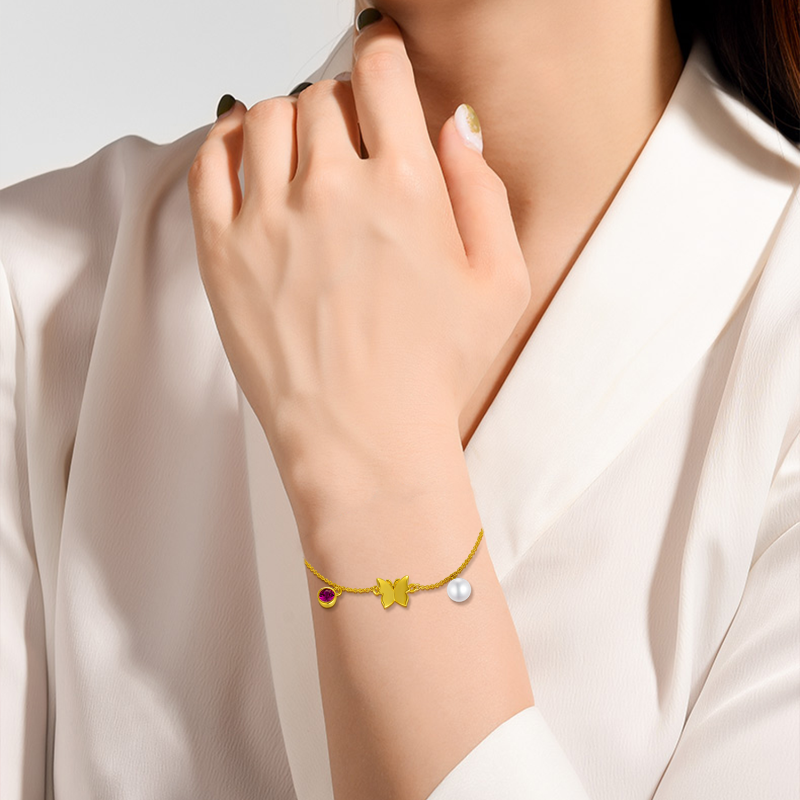 Pulsera con colgante de mariposa y perlas de oro de 14 quilates-2