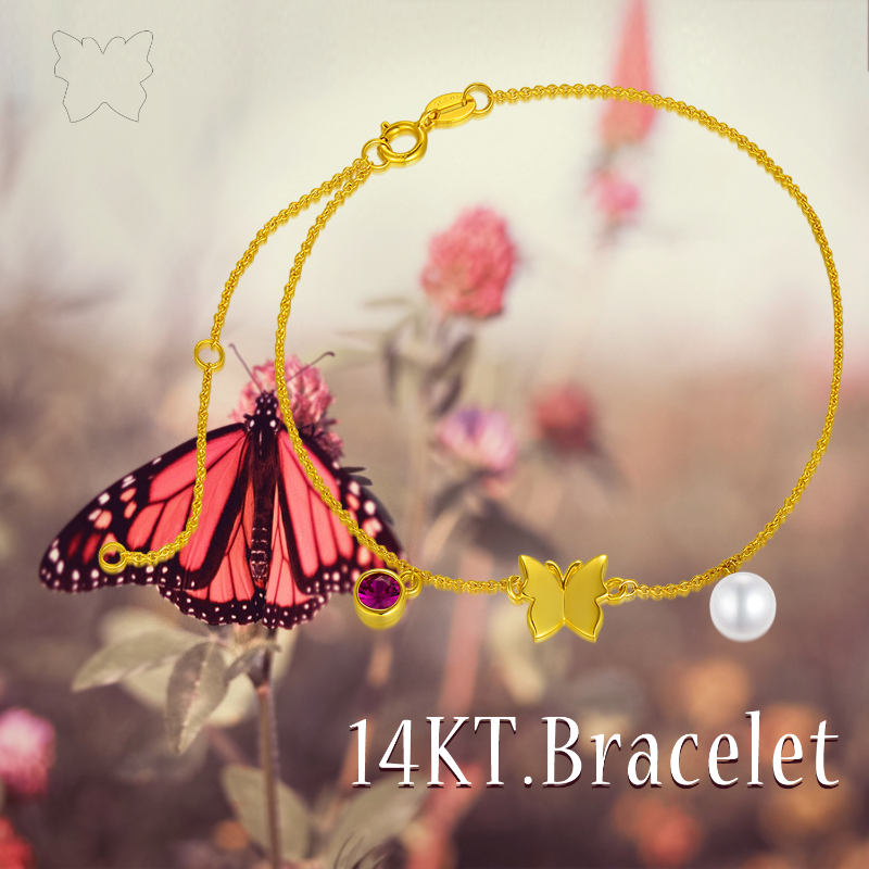 Pulsera con colgante de mariposa y perlas de oro de 14 quilates-3