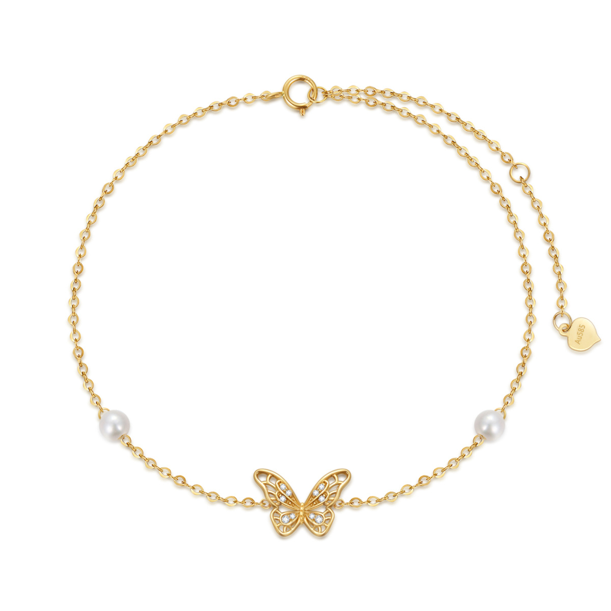 Bracelet de cheville simple couche en or 14K avec perles et papillons-1