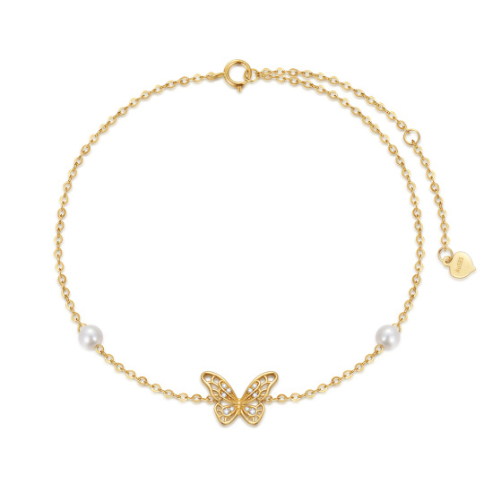 Bracelet de cheville simple couche en or 14K avec perles et papillons