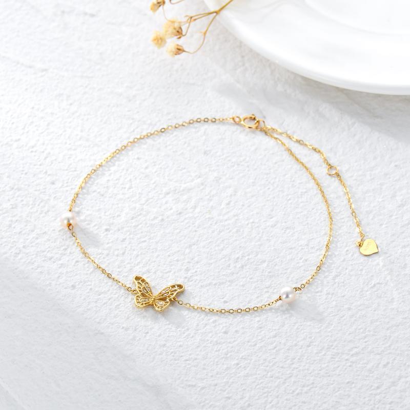 Sterling Silver with Yellow Gold Plated Pearl Butterfly Single Layer Charm Anklet-3
