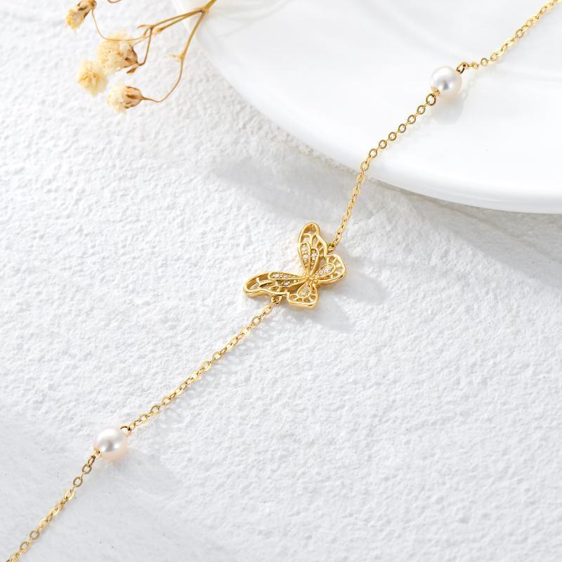 Sterling Silver with Yellow Gold Plated Pearl Butterfly Single Layer Charm Anklet-4