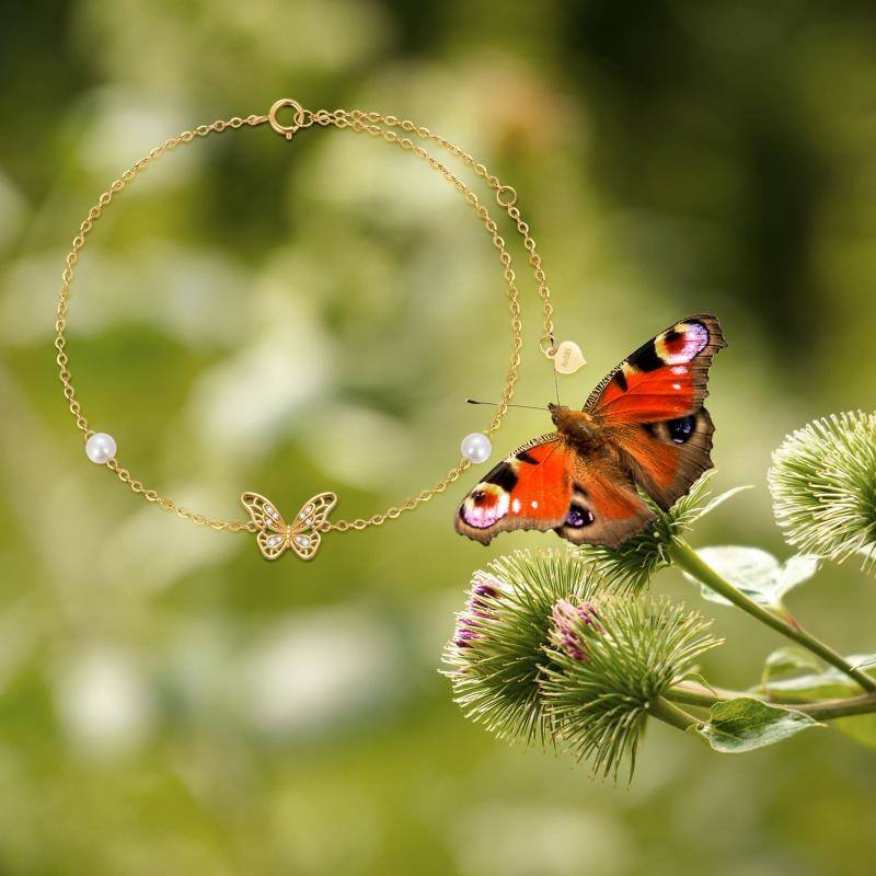 14K Gold Perle Schmetterling einlagiges Fußkettchen-6