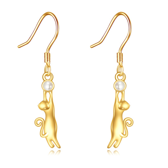 14K Gold Pearl Cat Drop Earrings