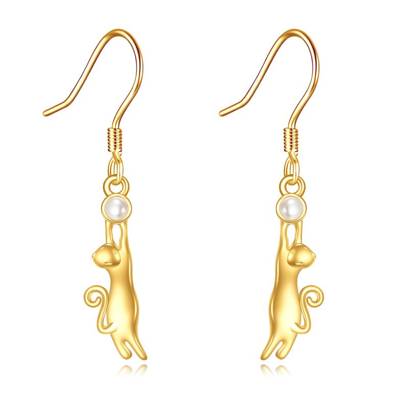 10K Gold Pearl Cat Drop Earrings-1