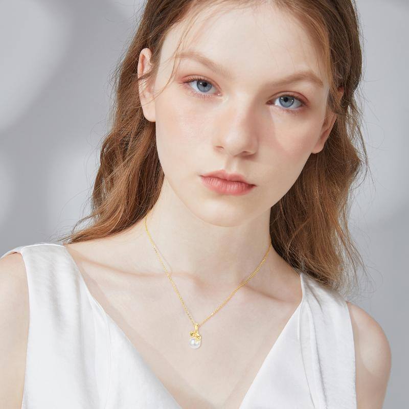10K Gold Pearl Cat Pendant Necklace-2