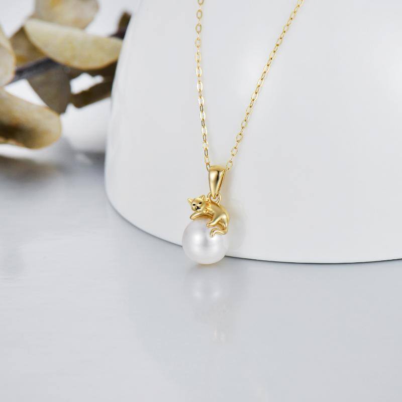 14K Gold Pearl Cat Pendant Necklace-3