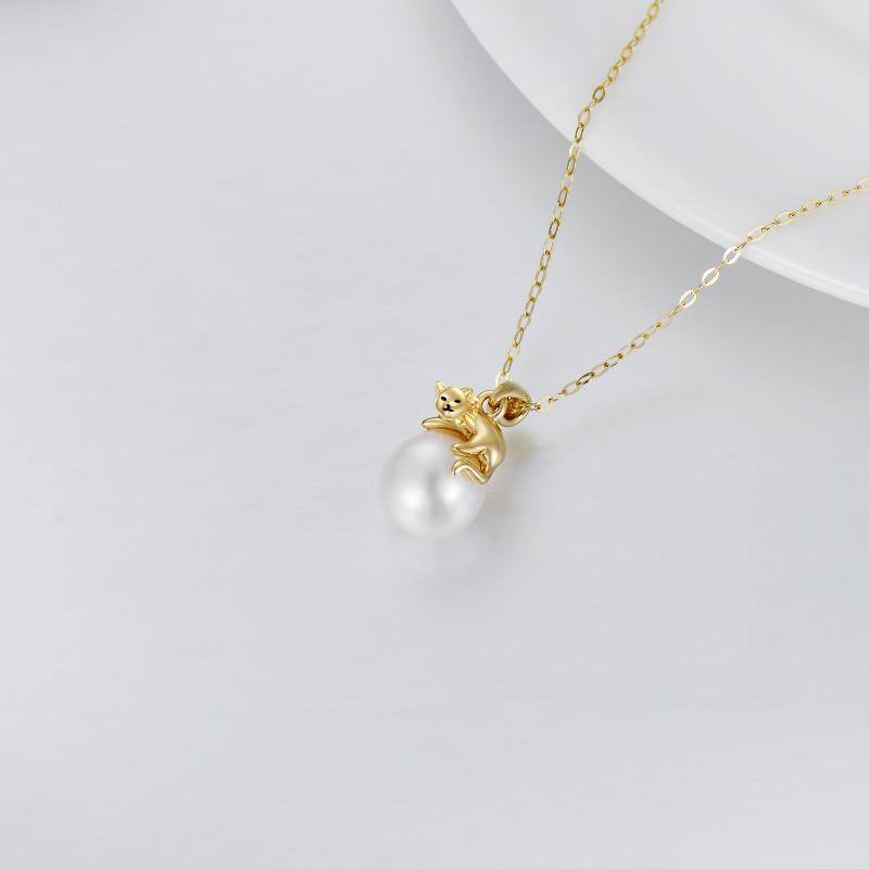 14K Gold Pearl Cat Pendant Necklace-4