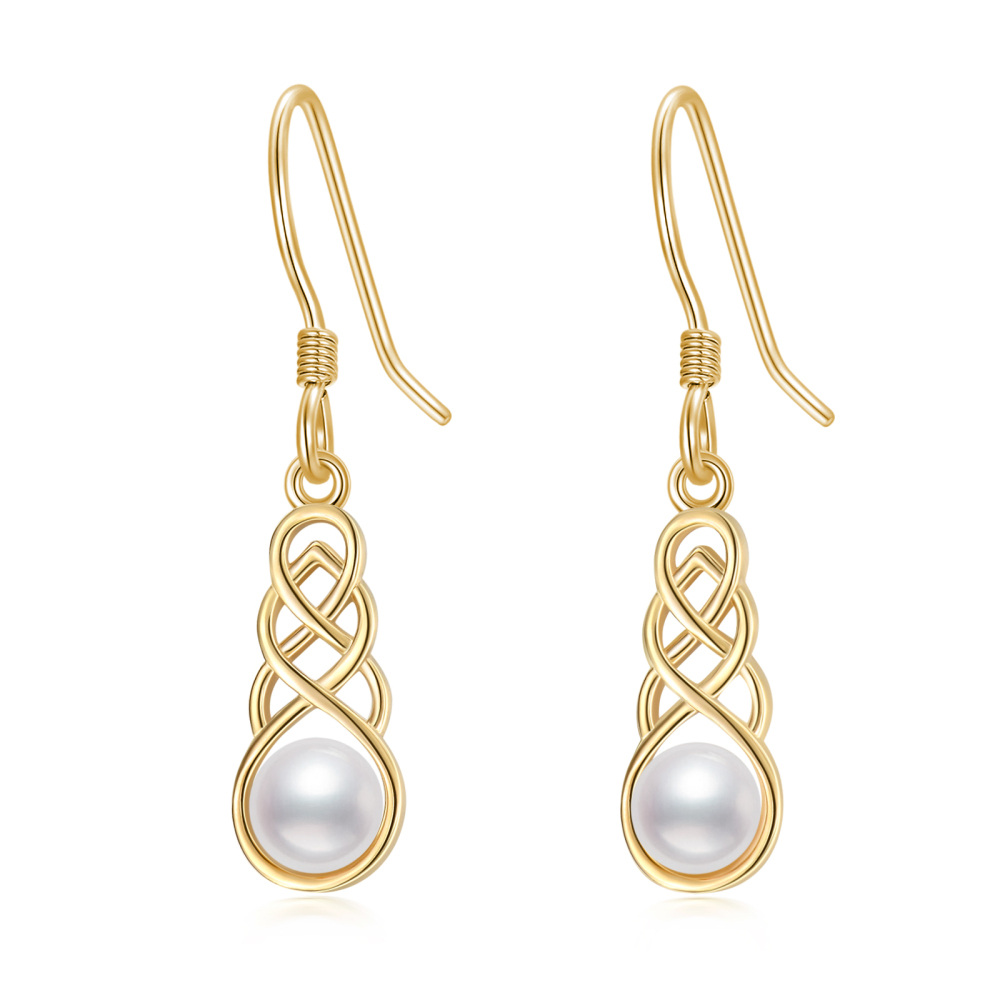 10K Gold Pearl Celtic Dangle Drop Earrings Jewelry Gifts for Women-1