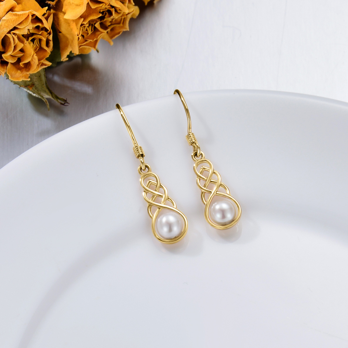 Boucles d'oreilles pendantes celtiques en or 14 carats et perles, bijoux cadeaux pour femmes-2
