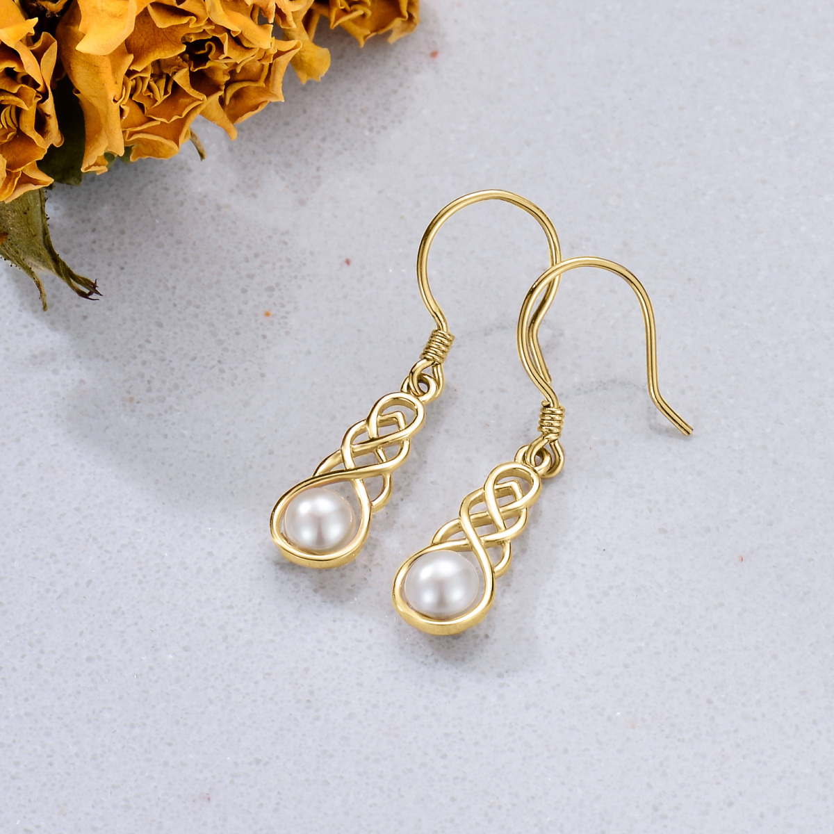 Boucles d'oreilles pendantes celtiques en or 14 carats et perles, bijoux cadeaux pour femmes-3