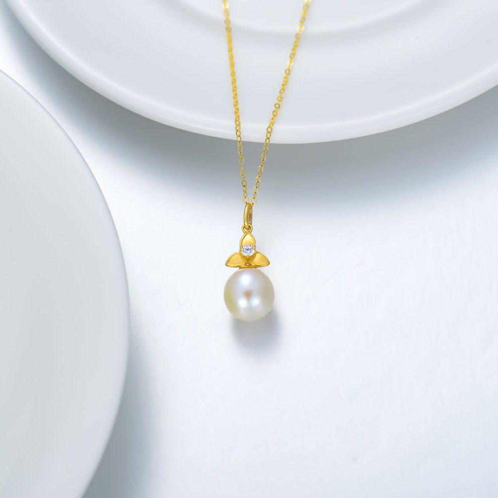 10K Gold Cubic Zirconia & Pearl Celtic Knot Pendant Necklace-4
