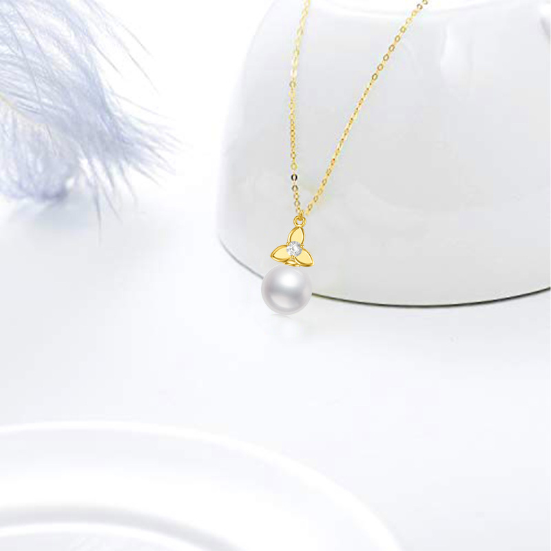 Colar com pendente de nó celta em ouro branco 10K com zircónias cúbicas e pérola-5