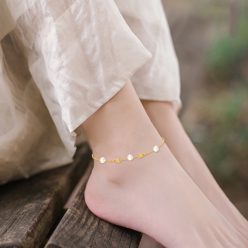 10K Gold Pearl Celtic Knot Single Layer Anklet-2