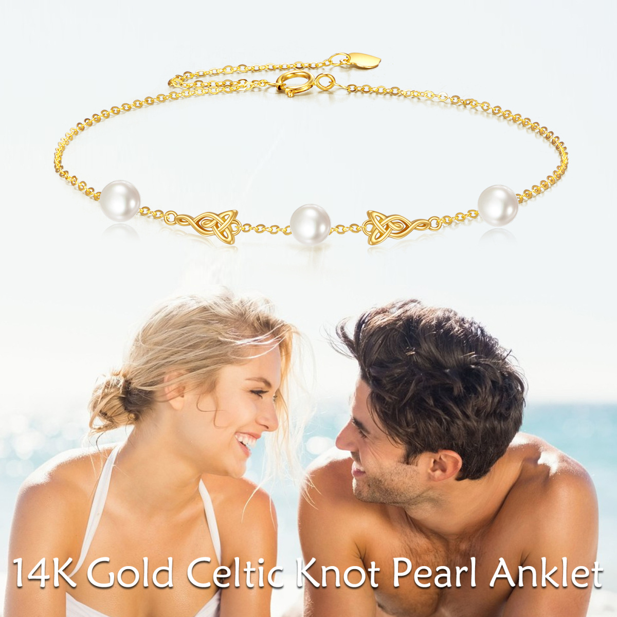 Bracelet de cheville en or 14K avec nœud celtique et perles-3