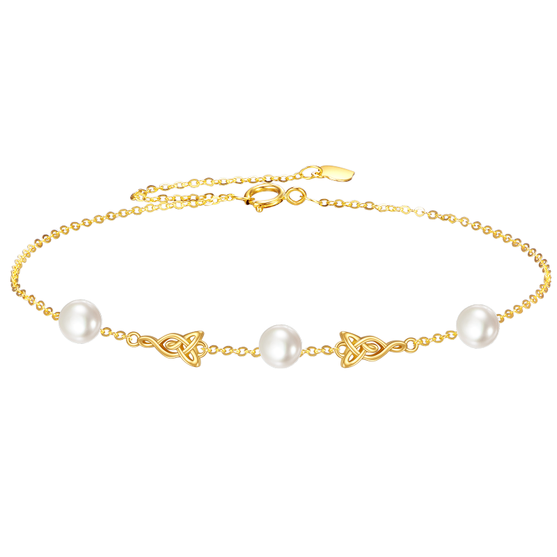 10K Gold Pearl Celtic Knot Single Layer Anklet-4