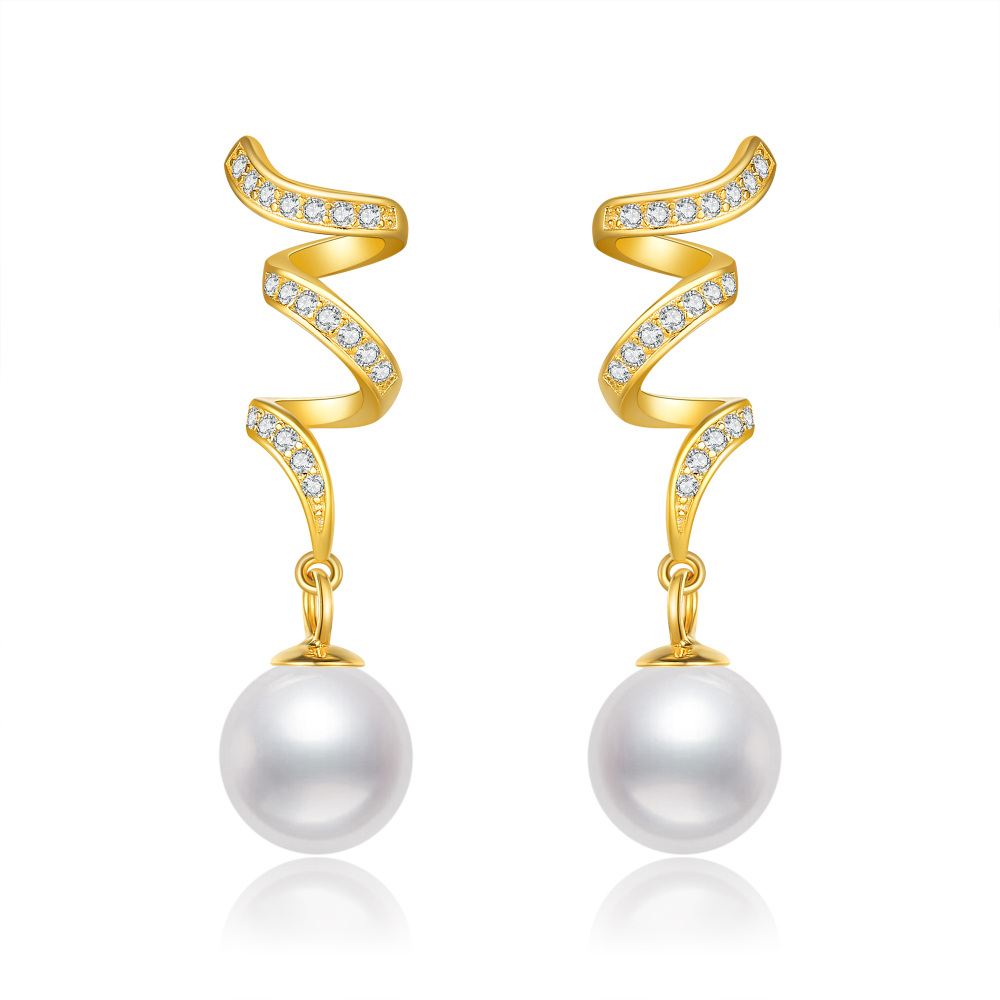 10K Gold Pearl Celtic Spiral Knot Drop Earrings-1