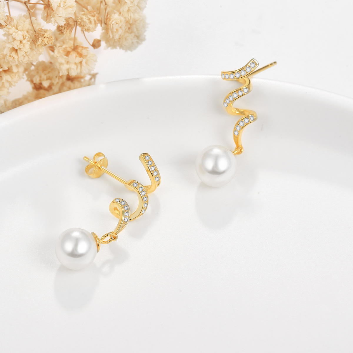 18K Gold Pearl Celtic Spiral Knot Drop Earrings-4