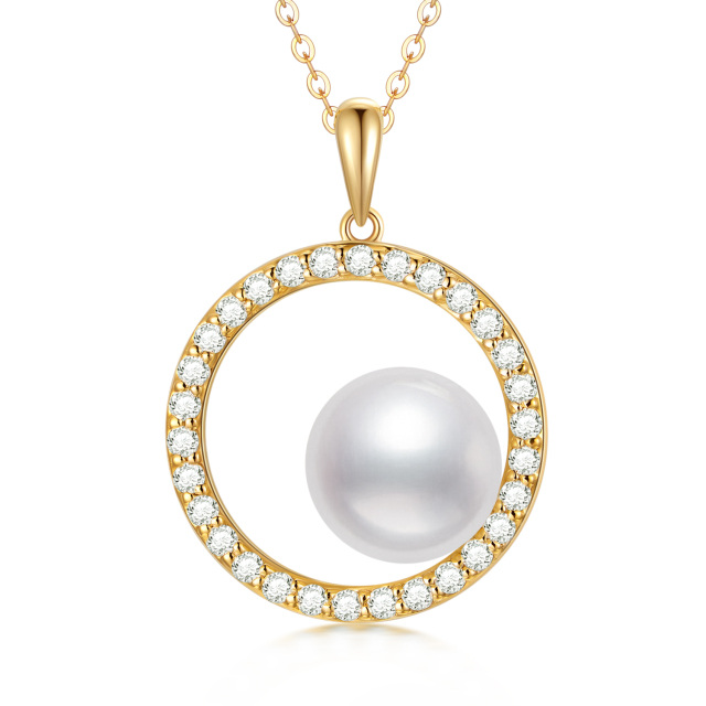 14K Gold Pearl & Cubic Zirconia Circle Pendant Necklace-1