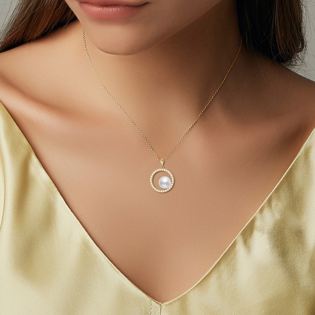 14K Gold Pearl & Cubic Zirconia Circle Pendant Necklace-2