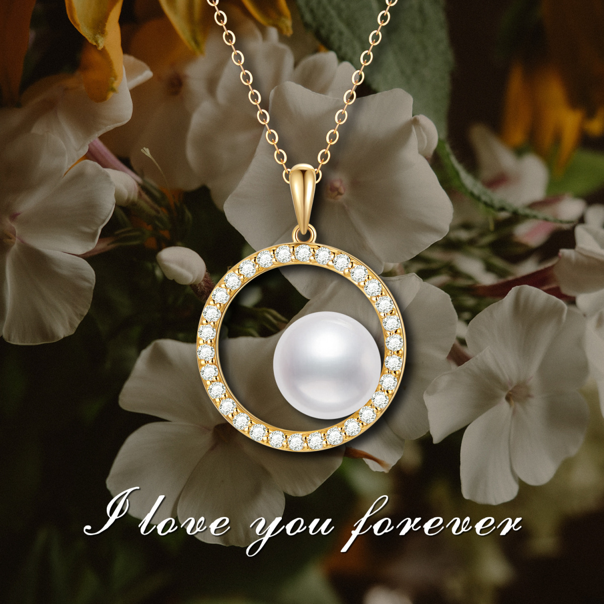 14K Gold Pearl & Cubic Zirconia Circle Pendant Necklace-3