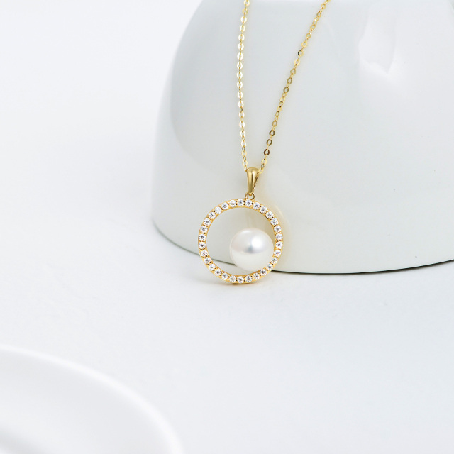 14K Gold Pearl & Cubic Zirconia Circle Pendant Necklace-4