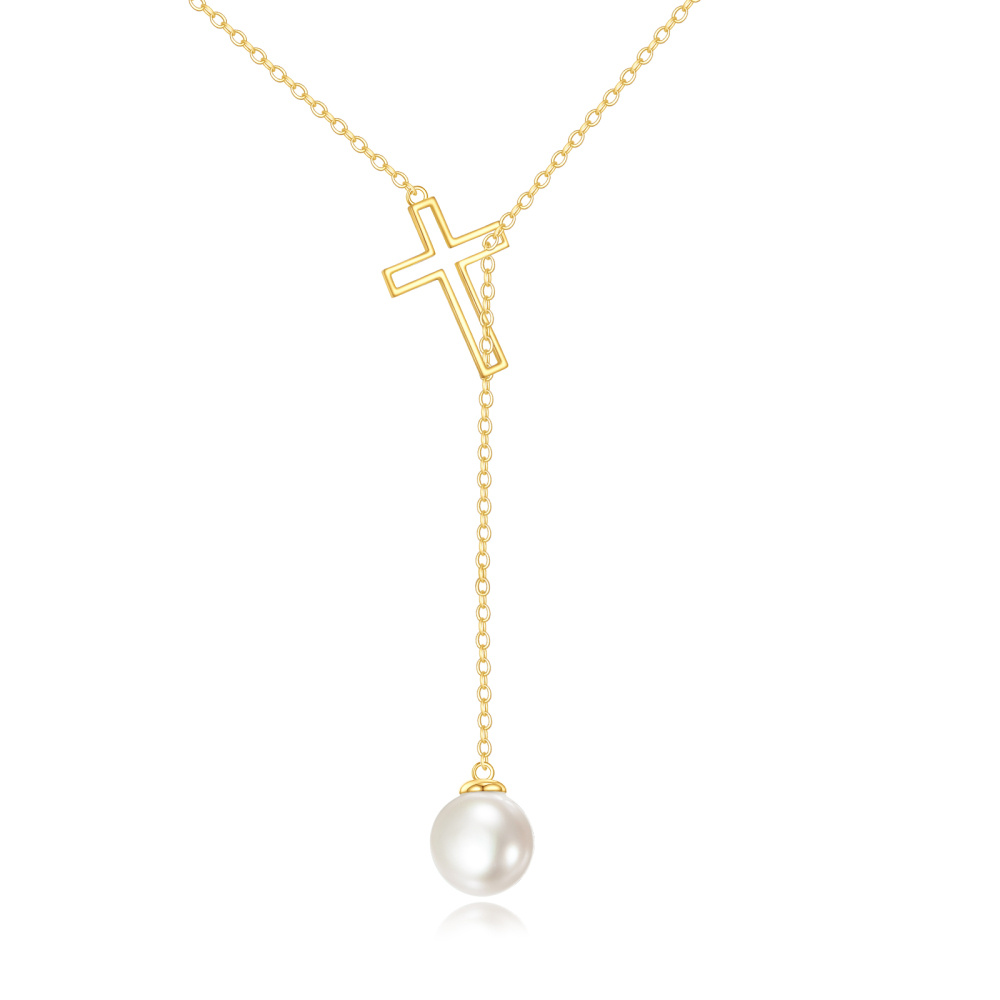 10K Gold Pearl Cross Adjustable Y Necklace-1