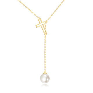 10K Gold Pearl Cross Adjustable Y Necklace-14