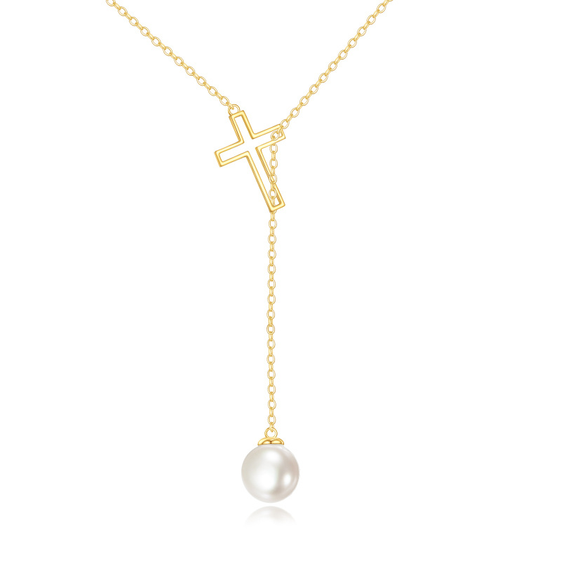 10K Gold Pearl Cross Adjustable Y Necklace-7