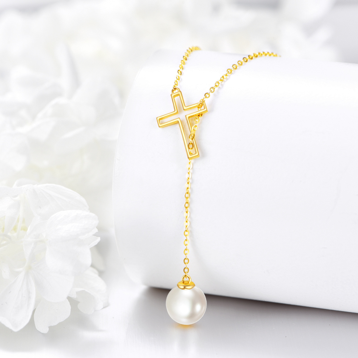 14K Gold Pearl Cross Adjustable Y Necklace-3