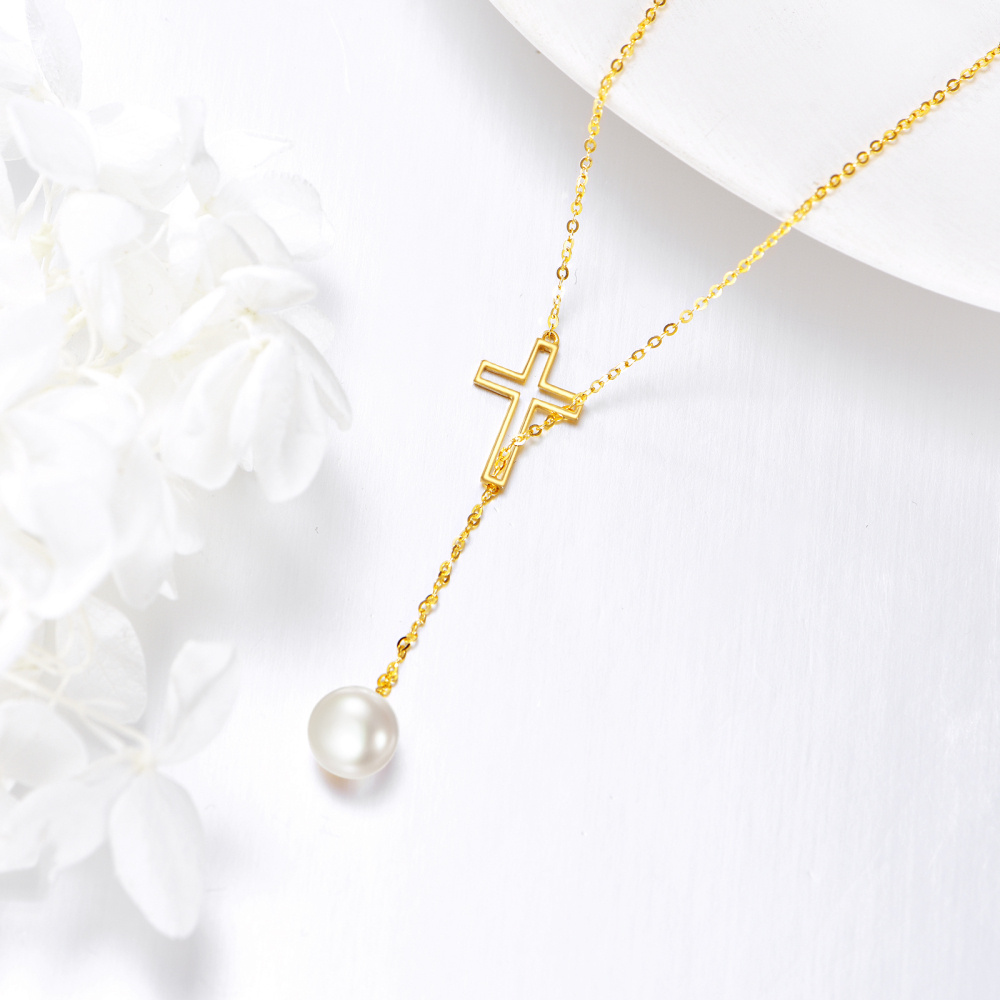 10K Gold Pearl Cross Adjustable Y Necklace-4