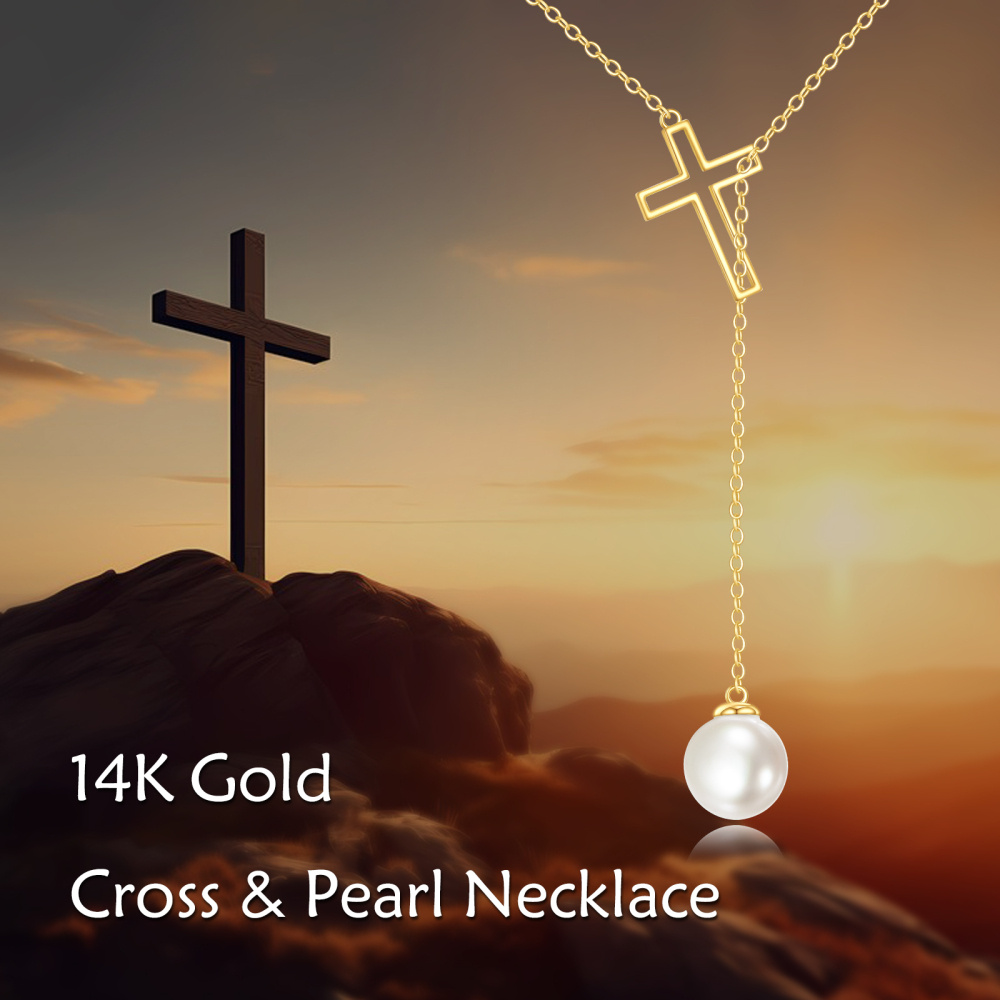 10K Gold Pearl Cross Adjustable Y Necklace-6